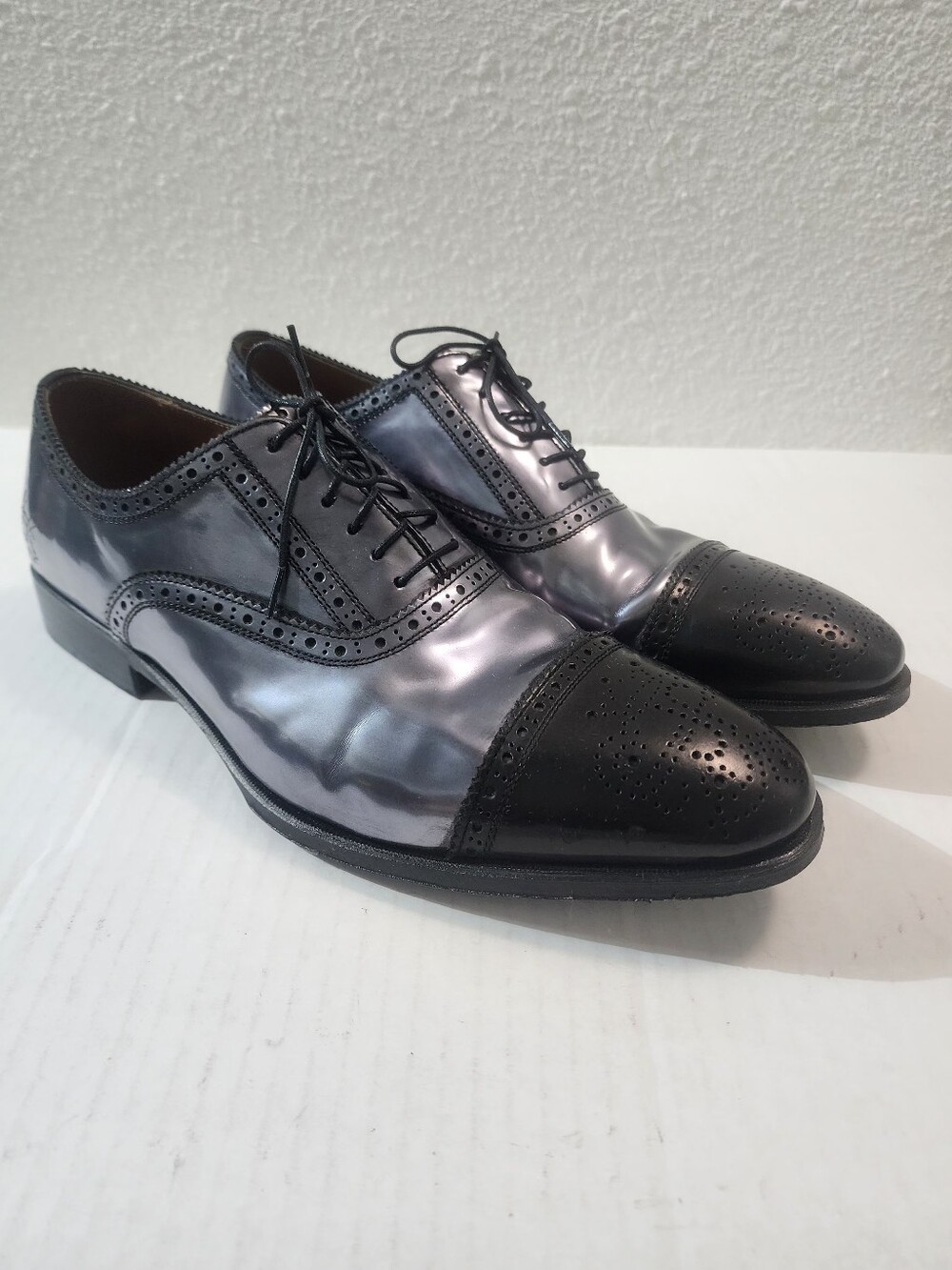 John Fluevog Brandenburg Metallic Black Leather Dress Brogue Oxford Shoes 11